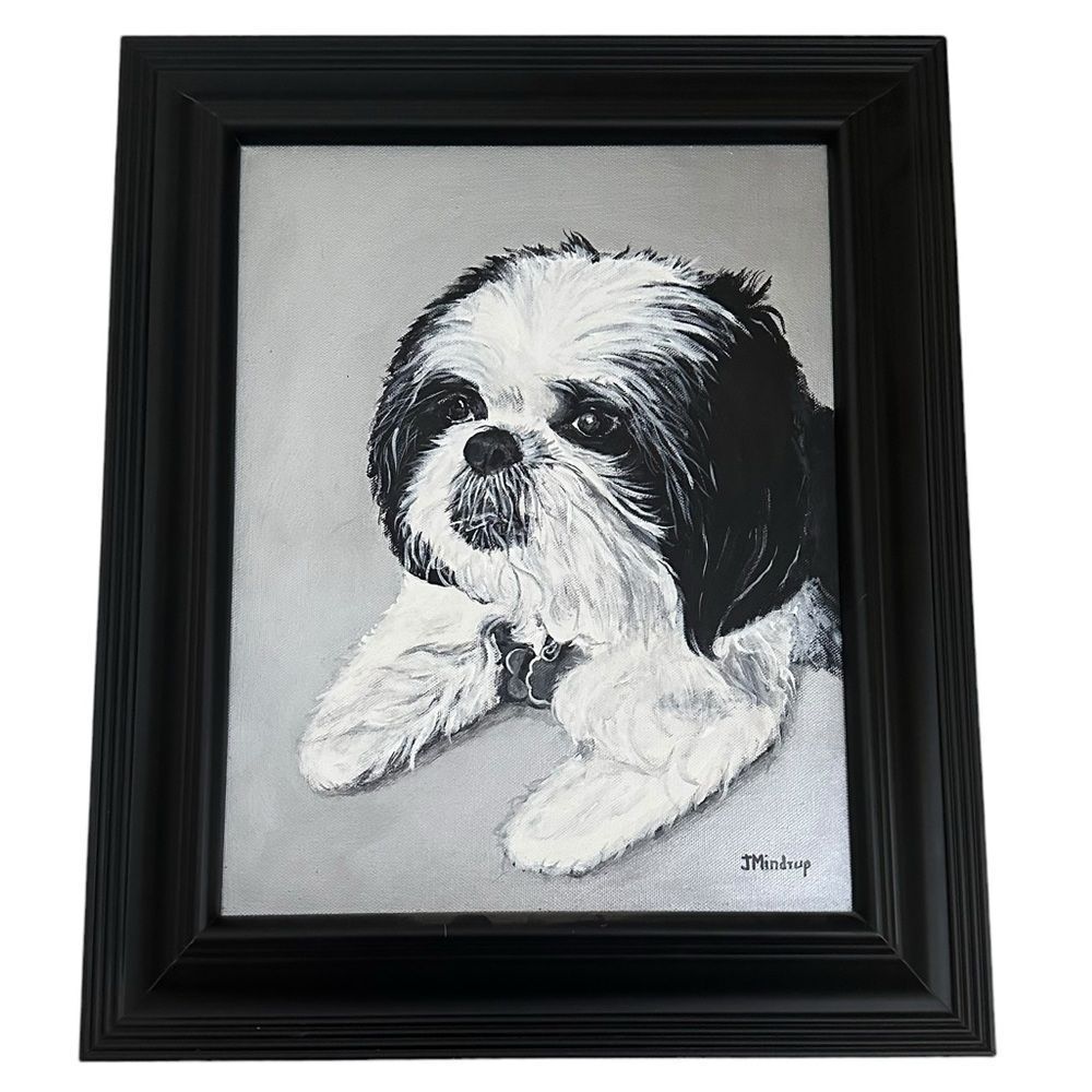 Shih Tzu Dog Puppy Artist Signed Painting Portrait Black Frame 15”x18” Eclectic